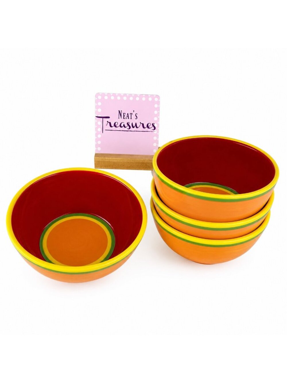 Dansk CARIBE ARUBA ORANGE & Red Green Yellow Rings 6 1/8" Soup Cereal Bowls of 4